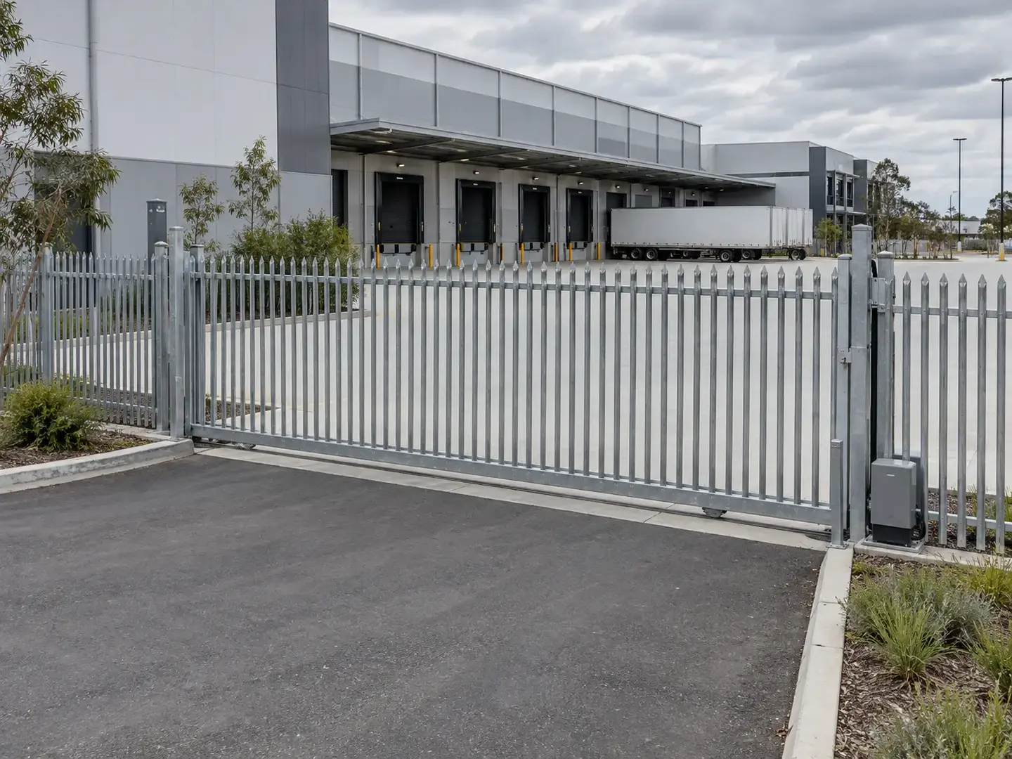 Automated sliding gate with motor and access keypad at an industrial facility