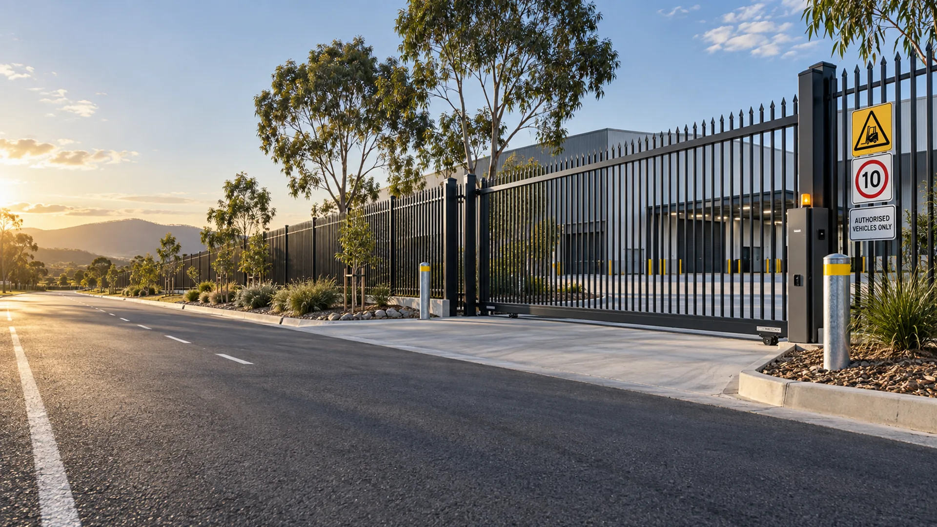 Automated cantilever sliding gate mid-operation with keypad access control at a commercial entry