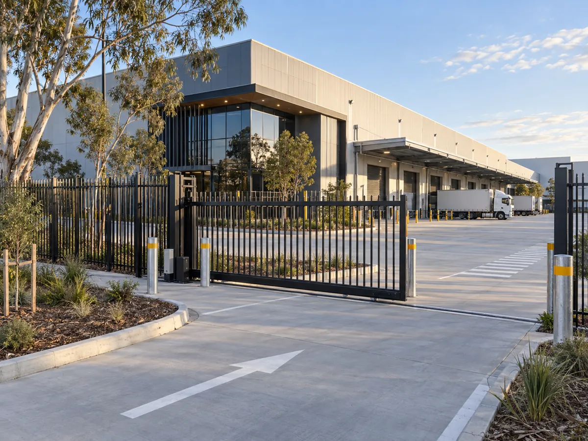 Palisade and weldmesh perimeter fencing enclosing an Australian industrial estate