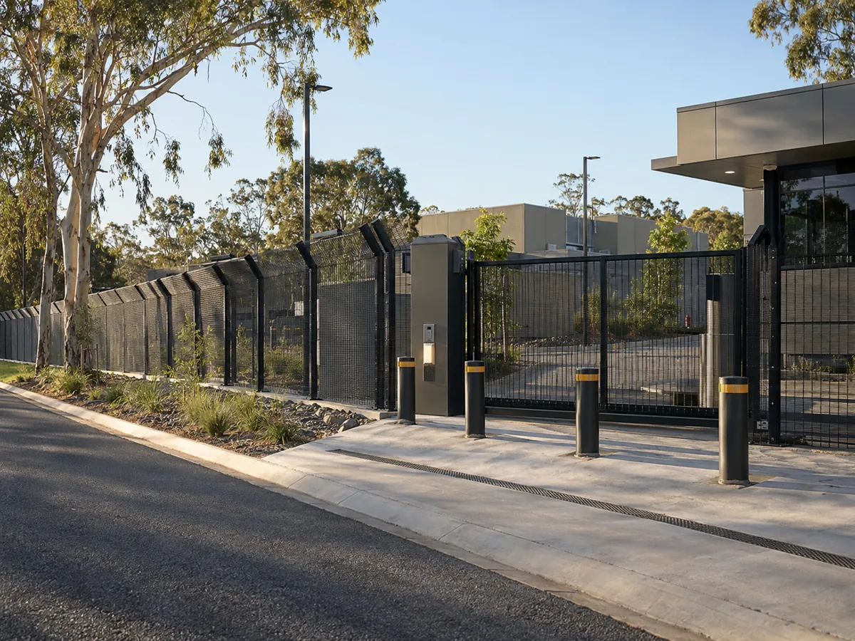Black 358 anti-climb weldmesh fencing and controlled gate at an Australian government facility