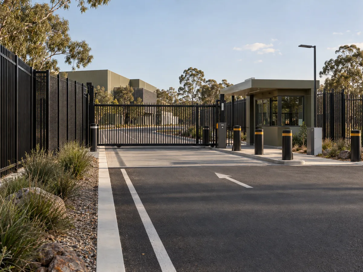 Australian defence facility entrance secured by black palisade and anti-climb fencing