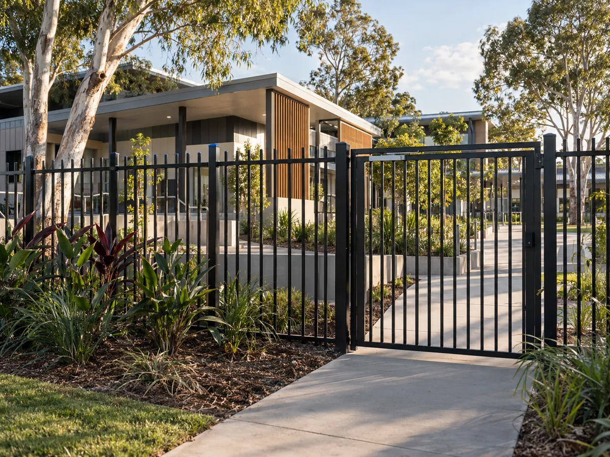 Black tubular steel school perimeter fencing and pedestrian gate at a Queensland campus