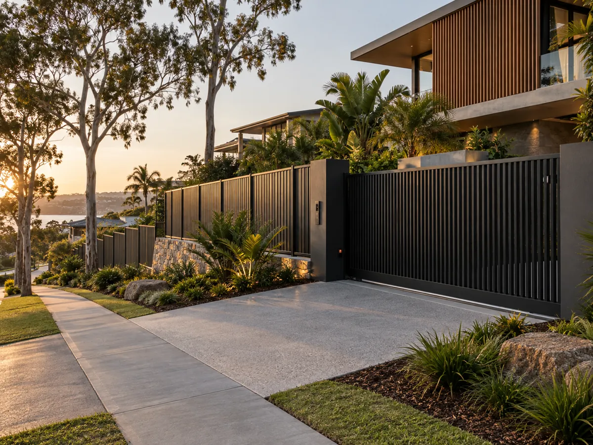 Black aluminium slat fencing and automated gate at a modern Queensland residential development