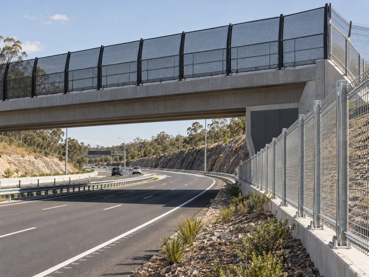 Australian motorway safety fencing and anti-throw screens on a Queensland overpass