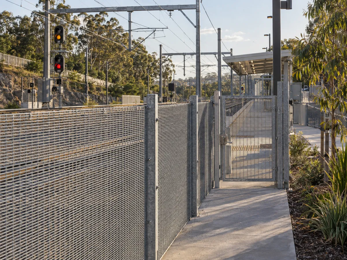 Galvanised anti-climb rail corridor fencing and controlled pedestrian gate at a Queensland station