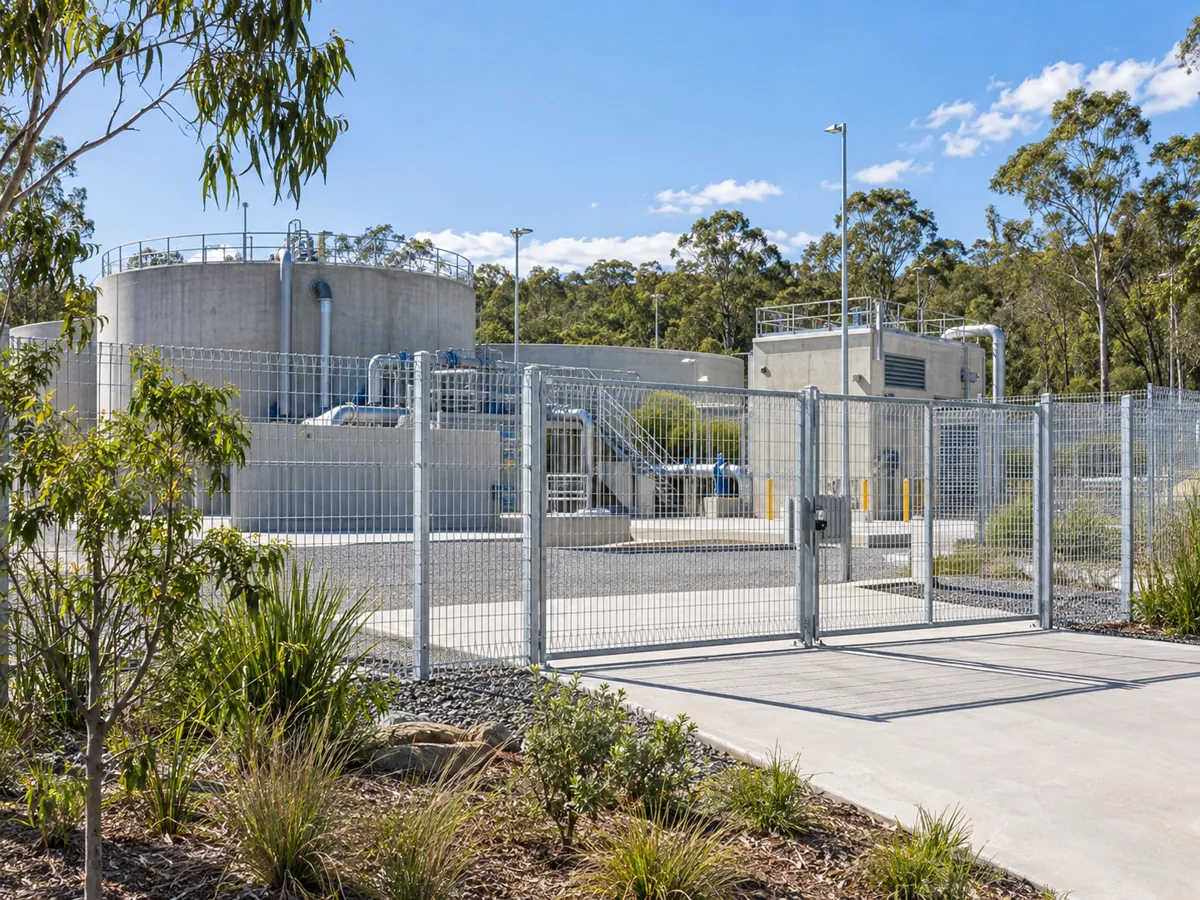 Hot-dip galvanised weldmesh security fencing at a Queensland water treatment plant