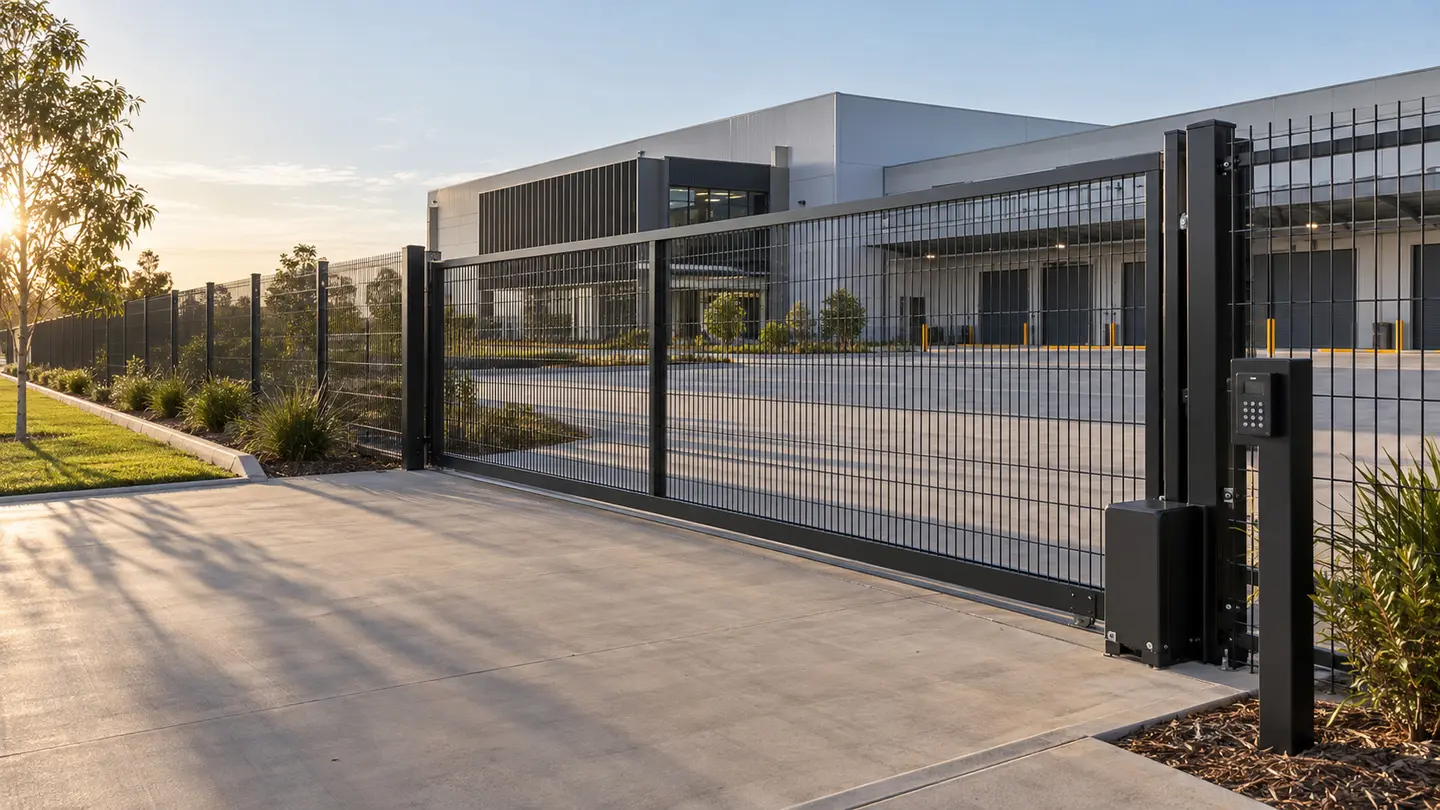 Commercial weldmesh fencing and automated sliding gate securing an industrial facility