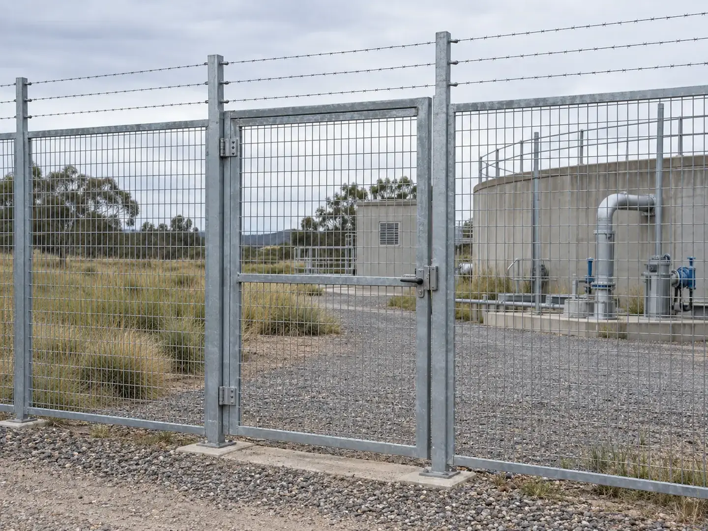 Galvanised mesh perimeter fencing and gate at a South East Queensland utility site